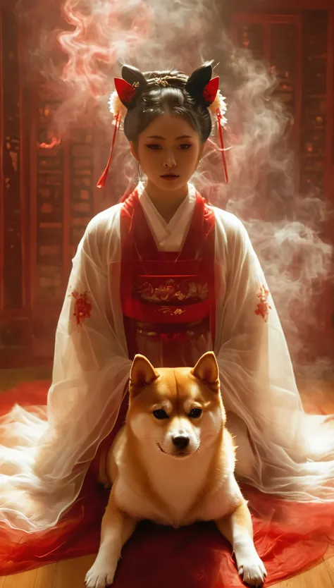 Magic plantloody ghost Shiba Inu from the abyss, Ghost Shiba Inu,Blood-red eye stare at the dead，Enchantment，uncanny，terror