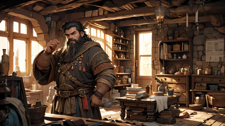 depict a dwarf with short black hair and a beard, sturdy body, rear view. was in a room in a cave, the room looked messy and dusty with notes scattered around, fantasy theme