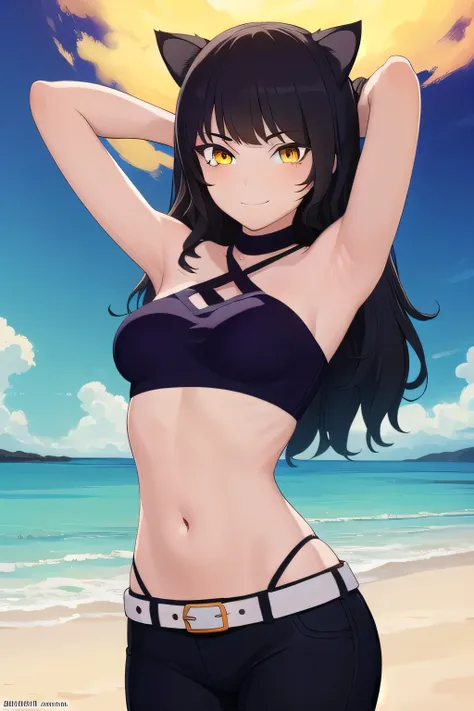 blake, blake, blake belladonna, long hair, black hair, (yellow eyes:1.5), long hair, bangs, animal ears, cat ears,
break navel, ...