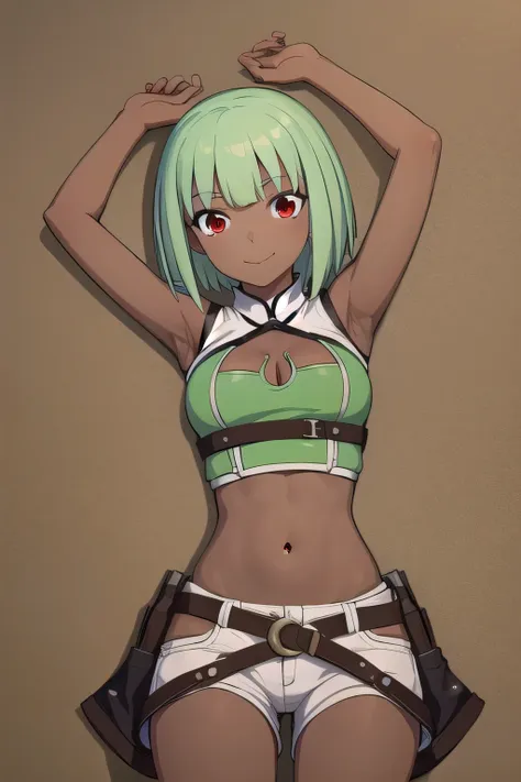 emeraldsustrai, emerald sustrai, short hair, (red eyes:1.5), green hair, dark skin, dark-skinned female,
break navel, cleavage, ...