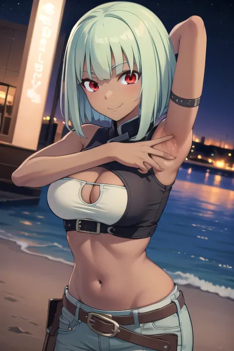 emeraldsustrai, emerald sustrai, short hair, (red eyes:1.5), green hair, dark skin, dark-skinned female,
BREAK navel, cleavage, midriff, belt, cleavage cutout, chaps,
upper body, night sky, beach, masterpiece, arms behind head, contrapposto, spread armpits...