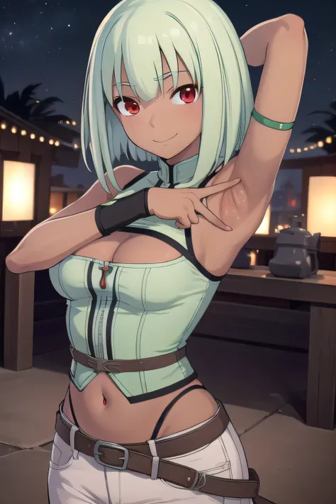 emeraldsustrai, emerald sustrai, short hair, (red eyes:1.5), green hair, dark skin, dark-skinned female,
BREAK navel, cleavage, midriff, belt, cleavage cutout, chaps,
upper body, night sky, beach, masterpiece, arms behind head, contrapposto, spread armpits...