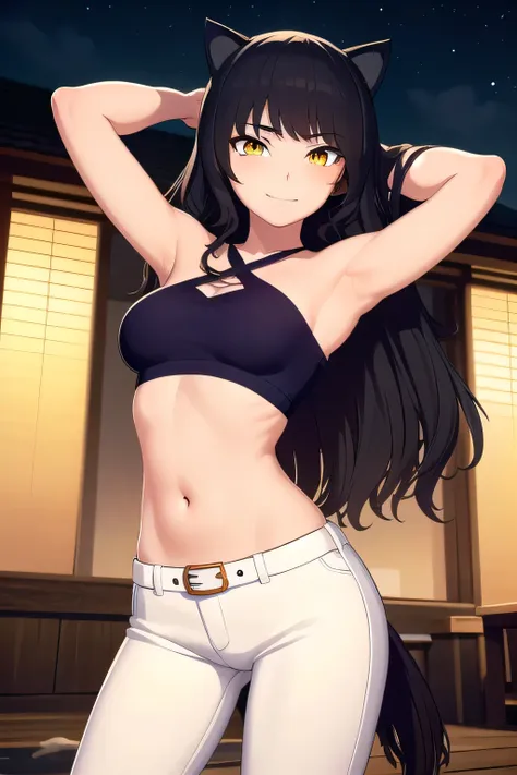 blake, blake, blake belladonna, long hair, black hair, (yellow eyes:1.5), long hair, bangs, animal ears, cat ears,
BREAK navel, midriff, belt, halterneck, criss-cross halter, bare shoulders, bare arms, pants, black pants,
bikini, (cowboy shot:1.5), night s...