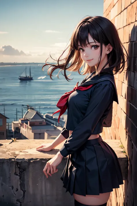 very cute and beautiful school girl viewing sea on hilltop,(highly detailed beautiful face),
(smile),cowboy shot,(sailor ,pleated navy blue mini skirt),black hair,zettai ryouiki,
(looking at sea,from top of hill),many houses with red roof,detailed landscap...