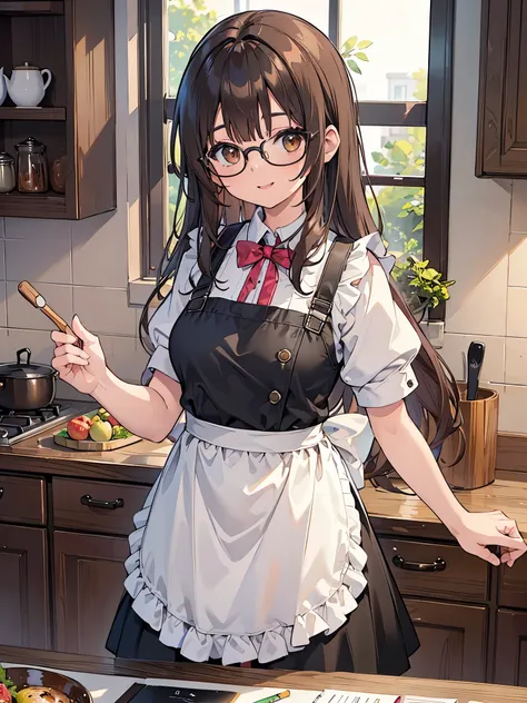 1 Female、Brown hair、Brown Eyes、Best Quality、Super detailed、8 Resolution、Raw photo、Mastepiece、Perfect Body、high resolution、highest quality、Detailed drawing、Vibrant colors、lure、smile、Long Hair、Black-rimmed glasses、Captivating breasts、kitchen、apron、sexy