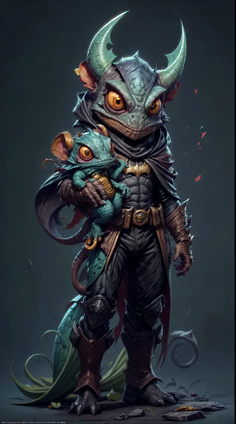 There is a chameleon wearing a batman costume, Full body shot, Lindo arte digital detallado, Adorable pintura digital, Lindo arte digital, lindas ilustraciones detalladas, Linda criatura del bosque, furry fantasy art, Teemo, Teemo de League of Legends, lin...