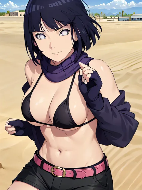 (hinata(boruto), (high quality, anime, heroine, gorgeous smile, slim torso, squatting), ((black sport bikini top)), ((fingerless gloves, black shorts with belt, black scarf)), (looking at the camera, (very slim belly), extremely slim waist, (medium-big bre...