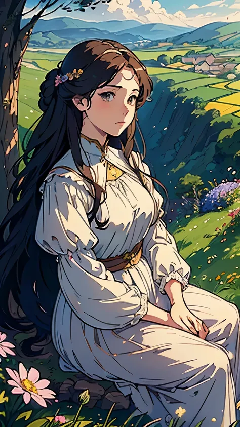 (highest quality, masterpiece, High resolution)、4K Anime Art、Soft Light、(A woman standing on a hill with flowers in her hands、20-year-old)、(Detailed depiction of a beautiful face)、Put your hair up、Medieval European Dress、 Hills of England、(Pre-Raphaelite s...