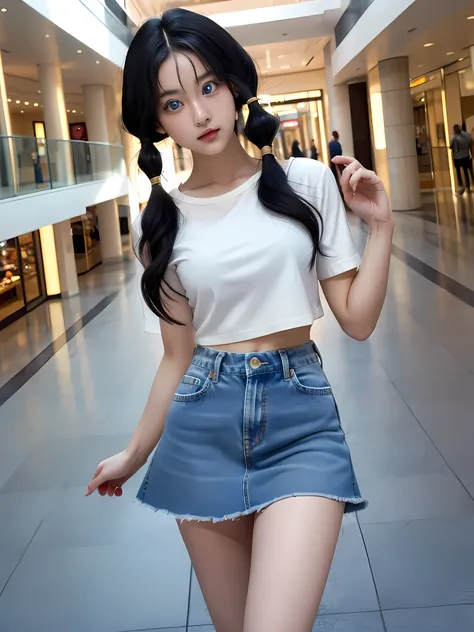 masterpiece, best quality, highres, videl2, solo, blue eyes, black hair, twintails, medium breasts, cowboy shot, mall, denim skirt, losse hair, attractive pose