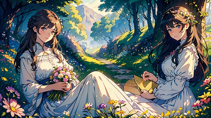 (highest quality, masterpiece, High resolution)、4K Anime Art、Soft Light、(A woman standing on a hill with flowers in her hands、20-year-old)、(Detailed depiction of a beautiful face)、Put your hair up、Medieval European Dress、 English hills shrouded in morning ...