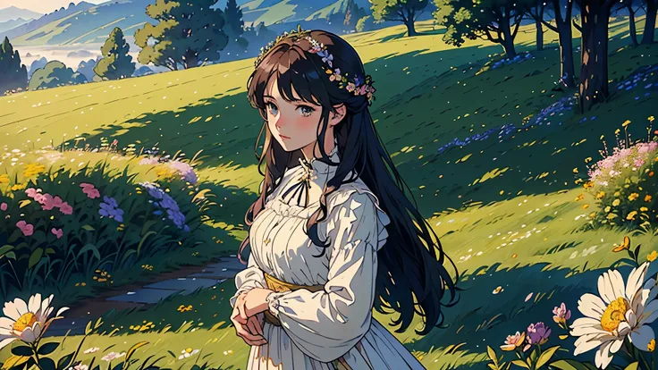 (highest quality, masterpiece, High resolution)、4K Anime Art、Soft Light、(A woman standing on a hill with flowers in her hands、20-year-old)、(Detailed depiction of a beautiful face)、Put your hair up、Medieval European Dress、 English hills shrouded in morning ...