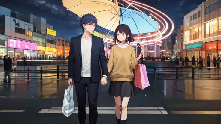 (masterpiece: 1.2, highest quality),16 years old、male and female couple、holding hands、date at the amusement park、the man is expr...