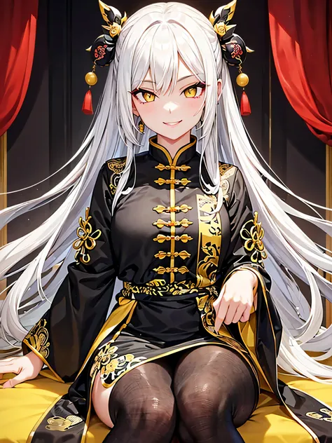 long hair, black and white hair, yellow eyes, yellow pupils, sit, chinese cloth, smile, look at viewers, smug face, red lips, earing, hair pin, hight details, masterpiece, beauty, sexy