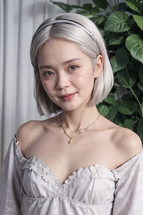 ((SHORT WHITE HAIR COLOR)), ((FLAT CHEST:1.7)), ((Lace)), (Happy smile), masutepiece, High quality, UHD 32K, Realistic face, Realistic skin feeling , A Japanese Lady, 58 years old matured lady, , Very cute and baby-like face, (((FLAT CHEST))), (Night time ...