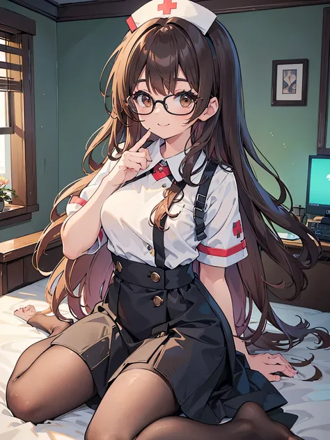 1 Female、Brown hair、Brown Eyes、Best Quality、Super detailed、8 Resolution、Raw photo、Mastepiece、Perfect Body、high resolution、highest quality、Detailed drawing、Vibrant colors、lure、smile、Long Hair、Black-rimmed glasses、Captivating breasts、Nurse uniform、bed