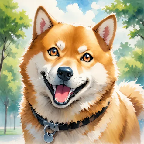 1 shiba inu，traditional media,look up,park background ,(shiba inu details） ,( solitary )