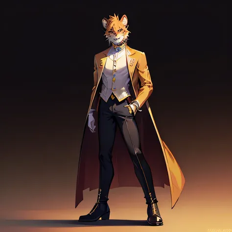 Perfect face, perfect anatomy, high quality, solo, male, anthro, jaguar, silky fur, strong build, slim build, detailed hair, long coat, low muscle tone, royal shirt, fancy boots, black pants, yellow fur