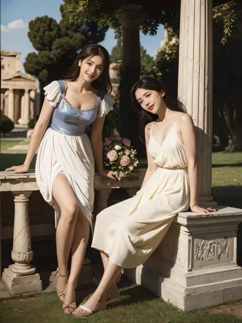 full body portrait or statue、Giorgione painting style,Arguments of two female Philosophe,math、astronomical machine、astronaut、roses in vase、fruits、Cute trinkets、smile、ancient greek costume、Ancient Roman landscape in the style of Nicolas Poussin,laughter,,Sw...