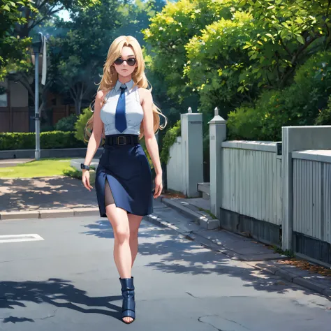 A woman wearing navy blue coat, white sleeveless t-shirt, blue tie, navy blue skirt, feminine heels, blonde hair, wearing sunglasses, walking in a United States style park, HDR , ultra resolution, sharp, masterpiece, 8K HD (solo female)
