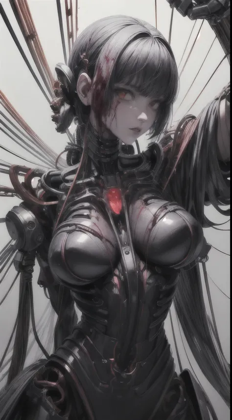 (((masterpiece))), ((highest quality)), (Super Detail), (CG illustration), (So evil and beautiful)), Cinematic Light, ((1. Mechanical Girl)), single, (Mechanical Arts: 1.4), ((Mechanical Limbs)), (Blood vessel attached to a tube), ((Mechanical spine attach...