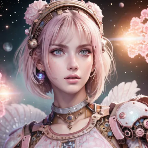 (Absurd, High resolution, Super detailed), One girl, alone, Highly detailed eyes, (Beauty and aesthetics: 1.2), (Fractal Art: 1.3), White pink color scheme, Most detailed, steampunk,mysterious,planet,Celestial Bodies,mechanical