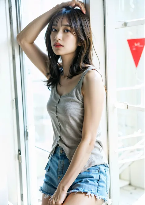 Alafed woman in tanned top and denim shorts poses for photo, Bae Suzy, Wearing : Tank top, Slim girl model photo, Korean female fashion model, Wear a cute top, Tank topを着用, Wearing a camisole, Tank topを着用, medium portrait top light, Cindy Avelino, Gorgeous...