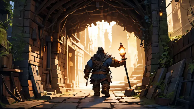 depicts a dwarf, alone, with short black hair and a beard, sturdy body, seen from behind with a torch, walking down a narrow and dark underground passage, fantasy theme