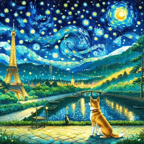 night，Starry Sky，Van Gogh style,(1 Shiba Inu，traditional media,look up,Park Background ,(Shiba Inu details） ,solitary ),concept art, Draw a picture representing this beautiful tourist landscape, magic, Painted by a professional artist in the style of moder...