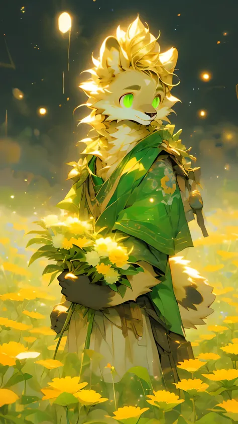 gold tone，Head to Body Ratio1:7，Young guy figure，emaciated，Fu Rui，furry，Holding a bouquet of flowers，Create the magic of flower fields，Flower field scene，Eye contact，emerald eyes，Blonde hair，Normal face shape