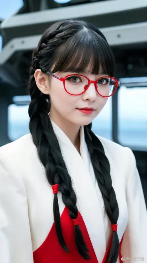 High resolution,woman,Small size,Black Hair,Double Braid Hairstyle,Bang bang bang,Green Eyes,Red glasses,In formal attire,uniform,White coat,Dark look,warship,ship aircraft carrier, Futuristic, SF, warplane, space, war