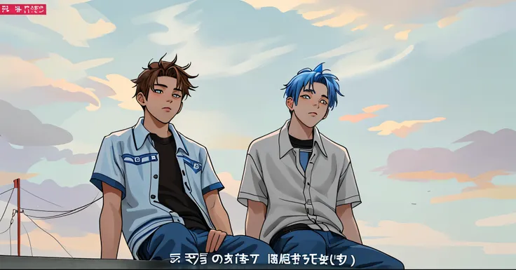 There are two 16 year old boys, one with blue hair and the other with brown hair.