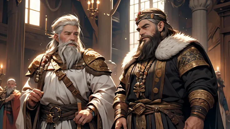 A young dwarf with short black hair and a beard, sturdy body, talking to an old dwarf king with white hair and beard, the dwarf king is wearing a crown.