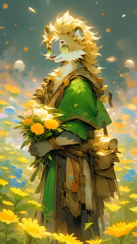 gold tone，Head to Body Ratio1:7，Young guy figure，emaciated，Fu Rui，furry，Holding a bouquet of flowers，Create the magic of flower fields，Flower field scene，Eye contact，emerald eyes，Blonde hair，Normal face shape，The clothes tend to be medieval European style,...