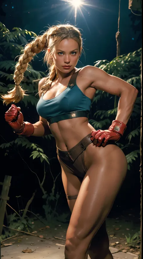 Best Quality, Masterpiece, Ultra High Resolution, rembrandt Lighting, night time, background dark, Enji Night as cammy street fighter, attractive, long blonde braided hair, sexy singlet vibrant blue outfit, wearing red combat gloves, combat boots, leggings...