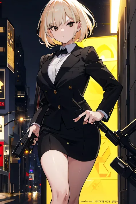 girl, Golden hair and black eyes, short hair, street, amazing, Glare, Portraiture, Black suit, night, Use a gun, mafia, sexy