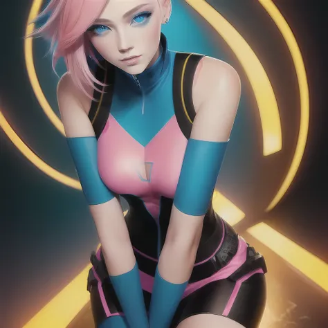 best quality,portrait style,(blue eyes),detailed facial features,(pink and blue hair),vibrant colors,high-resolution artwork,dramatic lighting,realistic rendering,Lucia Cheps, ciencia ficcion, lleva ropa futurista neon y amarillo, full body