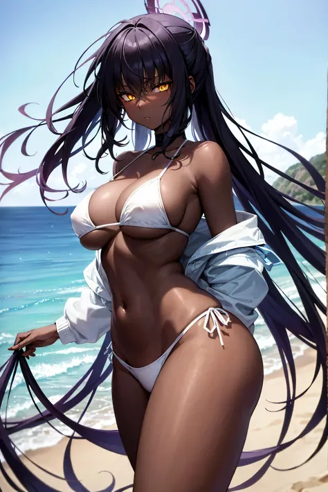 Blue Archive Karin, karin, Ahoge, Black hair, (Dark skin), (dark skinned female:1.3), Halo, Long hair, (Yellow eyes:1.5),Naughty big、large full breasts、BREAK looking at viewer, BREAK (masutepiece:1.2), Best Quality, High resolution, Unity 8k wallpaper, (Il...