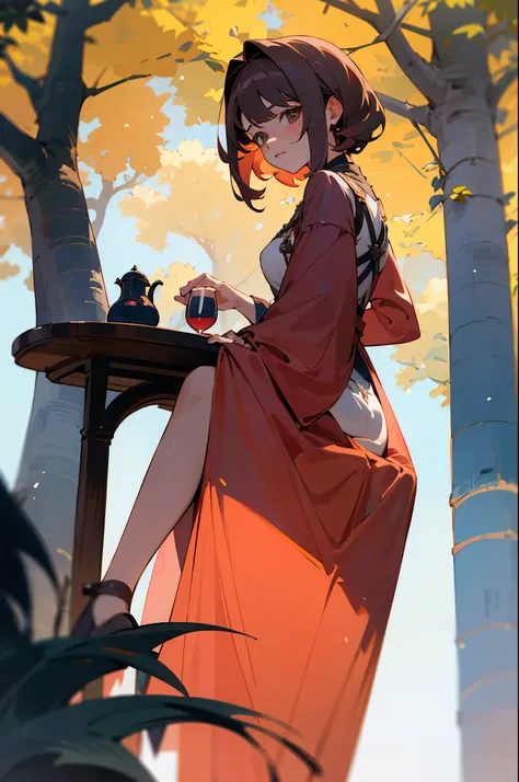 una bruja con una gran melena roja que cubre su espalda y parte de su rostro , She wears a long wine-colored dress while having tea under a tree