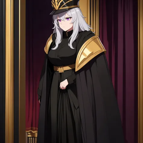 a woman wearing a black military dress with gold details, golden shoulder pads, long black cape, long gray hair, black military ...