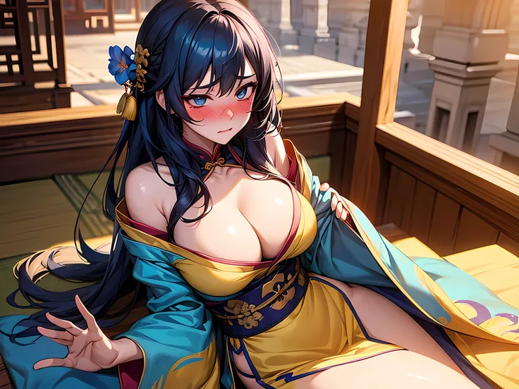 araffe woman in a sexy yellow kimono sitting on a ledge, palace, blue hair,  a girl in hanfu, realistic anime 3 d style, artwork in the style of guweiz, beautiful character painting, 3 d anime realistic, trending on cgstation, anime styled 3d, wearing anci...