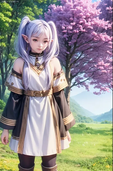 Life activities, Freelen、in woods、1 girl、earrings、elvish、length hair、Spiky ears、solo、Twin-tailed、verd s eyes、earrings、white  hair、[looking at viewert]Usually provided: white capelet、White sleeves、long-sleeve、 [long boots、brown shoes、Black pantyhose]robe bl...