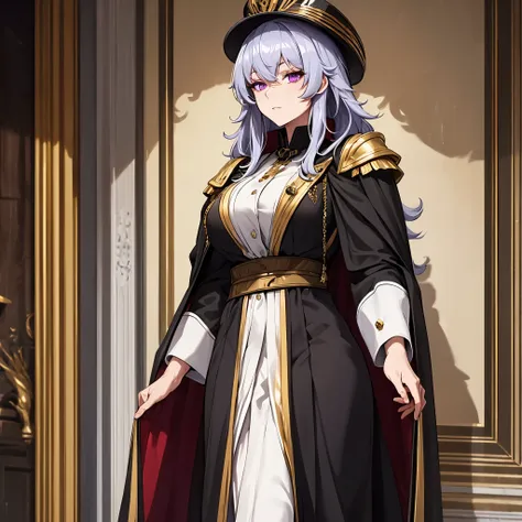 a woman wearing a black military dress with gold details, golden shoulder pads, long black cape, long gray hair, black military ...