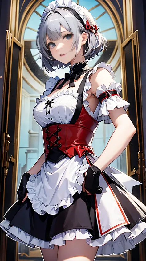 masterpiece, highest quality, figure, Fighting Pose, One girl, Noel Genshin Impact, Silver short hair, Green Eyes, Maid skirt with red side parts, Maid Knight, Maid Knight armor, City Bridge, water,