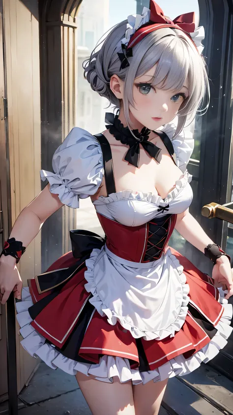 masterpiece, highest quality, figure, Fighting Pose, One girl, Noel Genshin Impact, Silver short hair, Green Eyes, Maid skirt with red side parts, Maid Knight, Maid Knight armor, City Bridge, water,