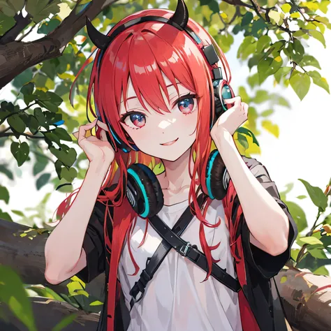 Satanichia mcdowell posing in a tree and wearing her headphones listening to her music with a cute smile