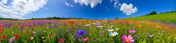 There are many different colored flowers blooming in the fields., Blue sky in the background、A big flower in front、Wildflowers, Meadow flowers, Wildflowers, Flower meadow,