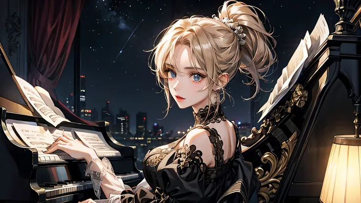 ponytail,Piano playing,sexy dress,highest quality,Ultra-high resolution,Ultra-detailed depiction,Detailed depiction,Best Anime,Finest works of art,Ultra-precise art,The art of astonishing depiction,overwhelming depiction,Intricate and detailed art,One adul...