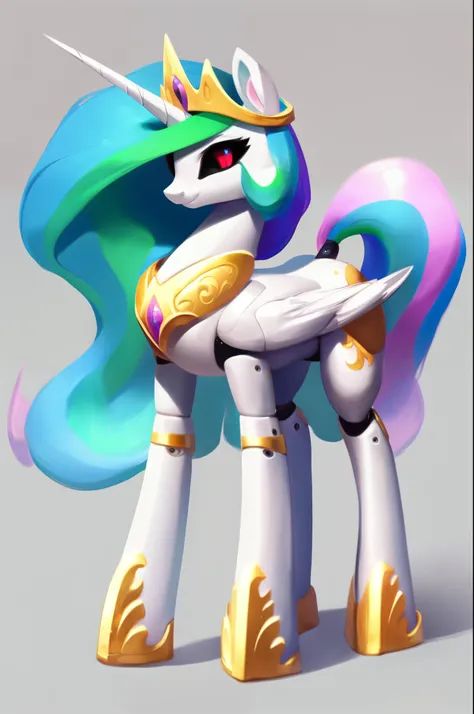 rating_safe, score_9, shiny metal body, feral pony, princess celestia, robot eye, red pupils, black sclera