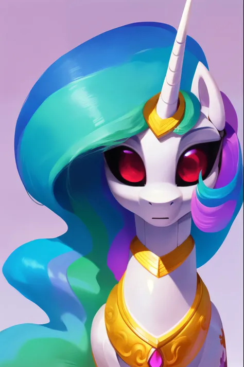 rating_safe, score_9, shiny metal body, feral pony, princess celestia, robot eye, red pupils, black sclera