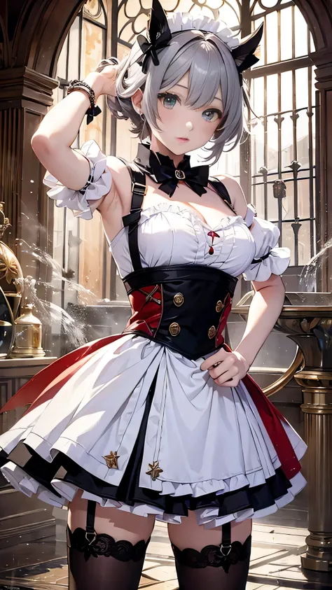 masterpiece, highest quality, figure, Fighting Pose, One girl, Noel Genshin Impact, Silver short hair, Green Eyes, Maid skirt with red side parts, Maid Knight, Maid Knight armor, City Bridge, water,